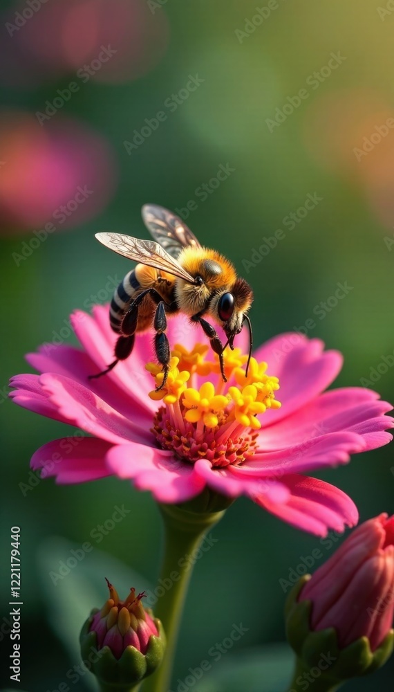 Bee hovering above vibrant blooms, nature, flower Bee hovering above vibrant blooms, nature, flower