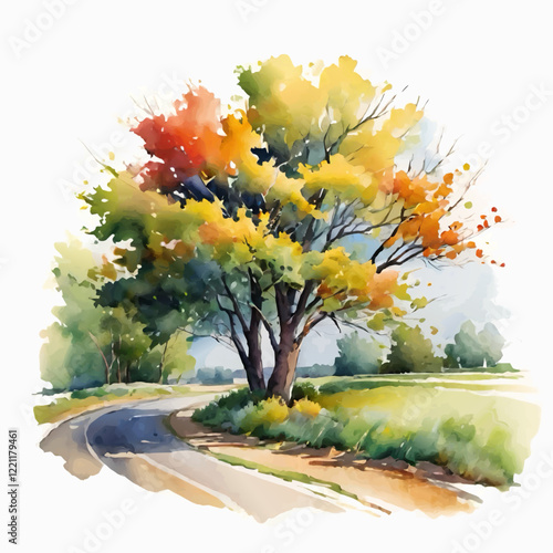 watercolor landscape with road and trees vector illustration