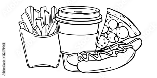 Banner Vector illustration of Paper Coffee Cup, French fries, slice of pizza and Hot dog sketch. Hand drawn Street Fast Food outline. Menu design template in Black and White style Decoration for menus