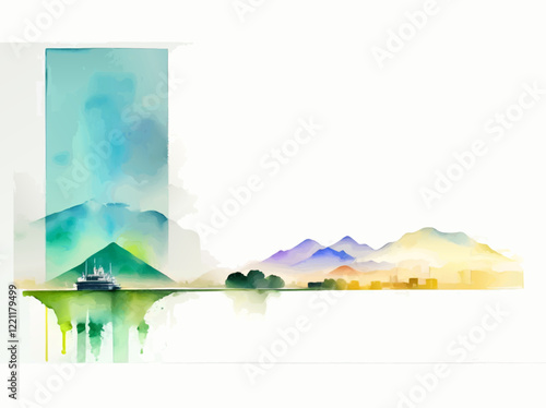 abstract watercolor landscape with ship, mountains, and pyramid and blank white area