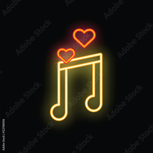 Neon musical note with two hearts floating above representing love for music