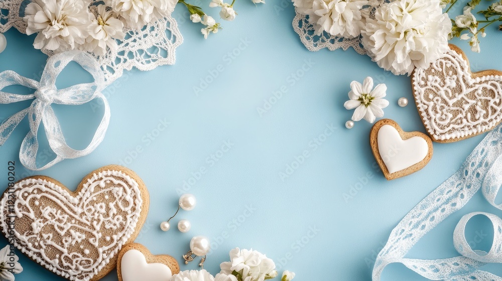 Fototapeta premium Romantic Valentine Banner Template with Heart Cookies and Flowers