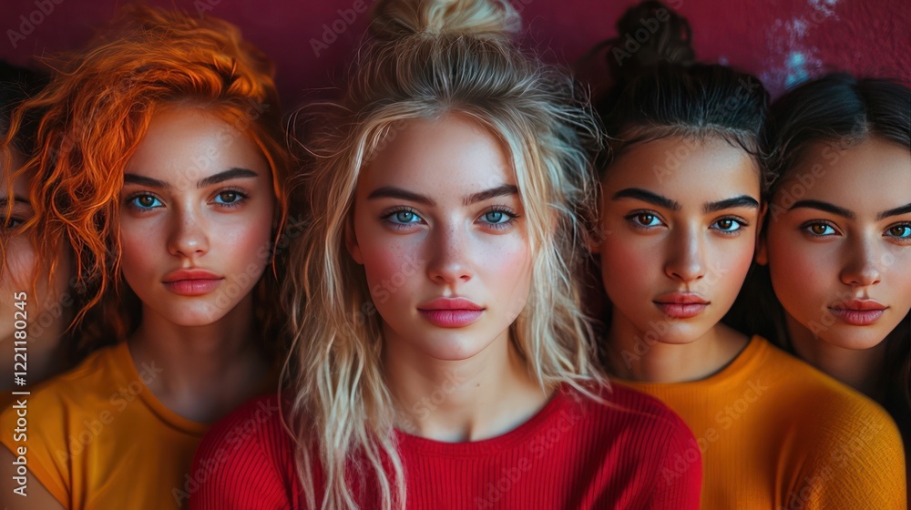 A group of confident women standing together in a studio, celebrating diversity and strength
