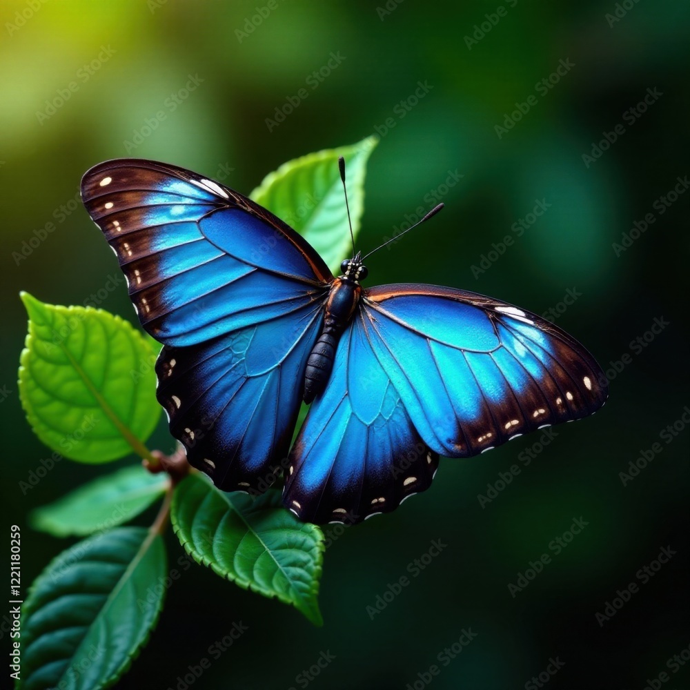 Blue butterfly perched on a branch with leaves, tree branch, flowers, blue insect Blue butterfly perched on a branch with leaves, tree branch, flowers, blue insect