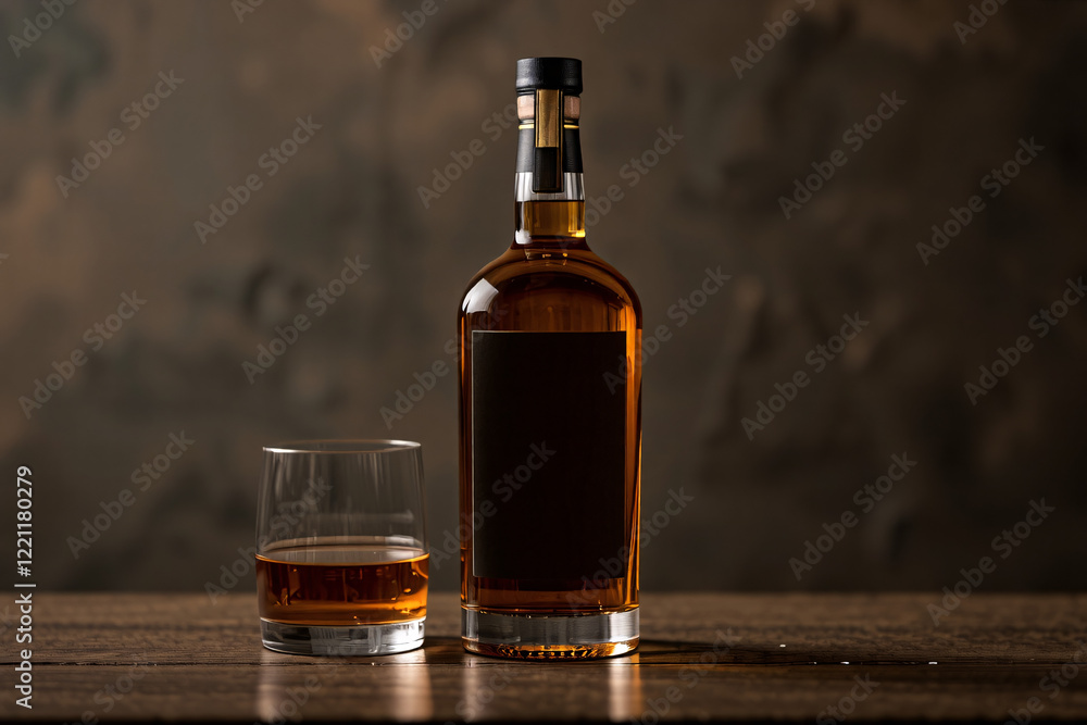 A mockup of a whiskey bottle displayed in an aesthetic setting, ideal for showcasing branding or label designs A mockup of a whiskey bottle displayed in an aesthetic setting, ideal for showcasing branding or label designs