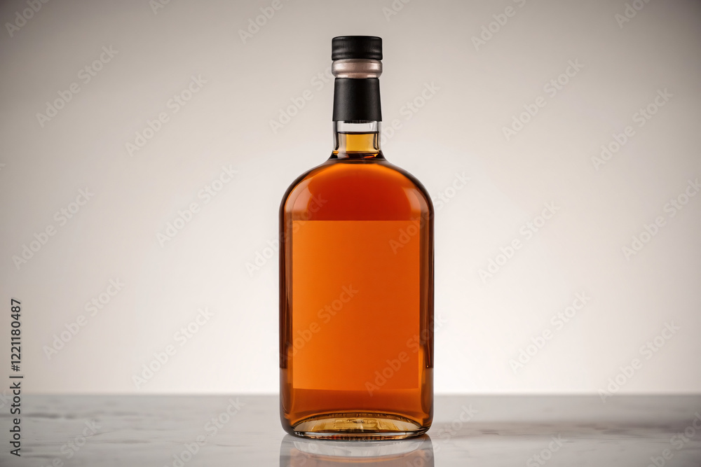 A mockup of a whiskey bottle displayed in an aesthetic setting, ideal for showcasing branding or label designs A mockup of a whiskey bottle displayed in an aesthetic setting, ideal for showcasing branding or label designs