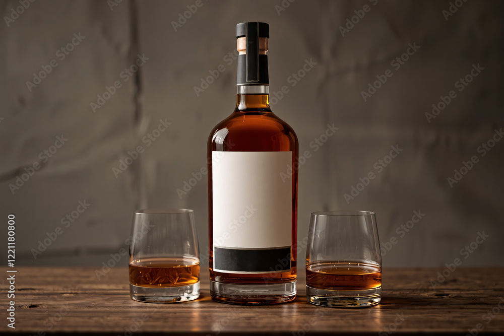 A mockup of a whiskey bottle displayed in an aesthetic setting, ideal for showcasing branding or label designs A mockup of a whiskey bottle displayed in an aesthetic setting, ideal for showcasing branding or label designs