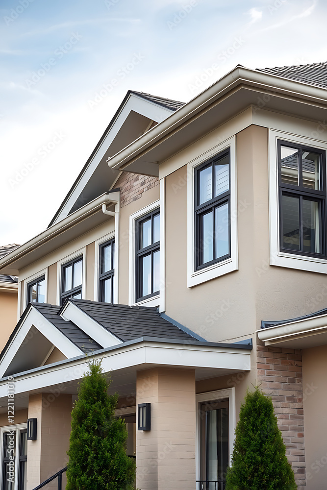 Modern House Exterior: Contemporary Home Design and Architecture. Luxury Real Estate Property with Brick Facade and Stylish Windows Modern House Exterior: Contemporary Home Design and Architecture. Luxury Real Estate Property with Brick Facade and Stylish Windows