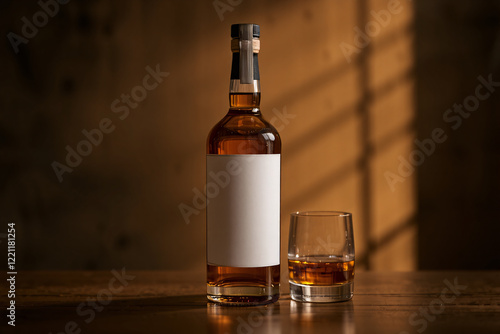 A mockup of a whiskey bottle displayed in an aesthetic setting, ideal for showcasing branding or label designs