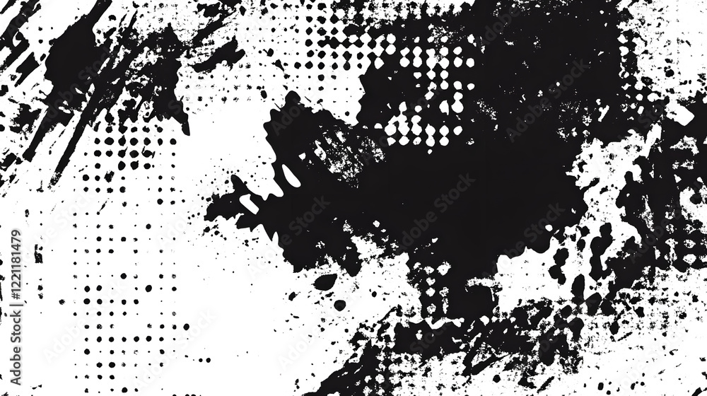 Obraz premium Abstract Grunge Splatters and Halftone Dots Composition with Contrast and Distortion Effects