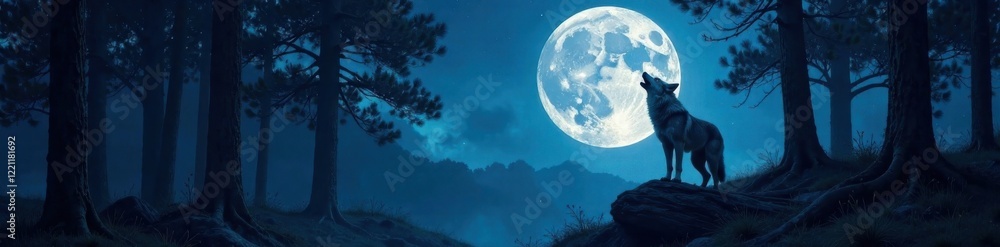 Obraz premium Full moon night with a wolf howling in a dense forest, trees, wildlife