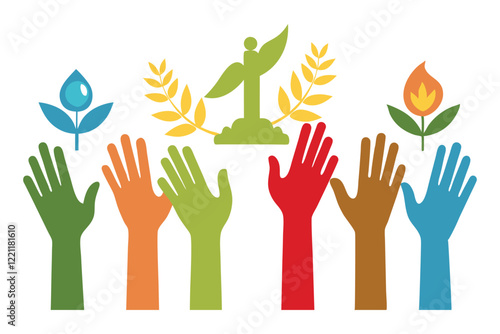 Silhouettes of Hands from Different Ethnicities and Faiths Raised Together, Holding Peace Symbols like Olive Branches, Candles, or Doves - Vector Illustration of Unity and Harmony.
