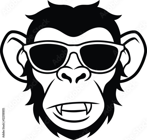 Head of a chimpanzee wear a sunglass angry face vector illustration, Head of a chimpanzee wear a sunglass angry face silhouette or line art vector