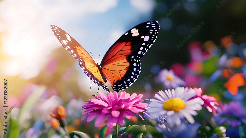 Naklejka premium Vibrant Butterfly on Colorful Flowers in a Sunny Meadow