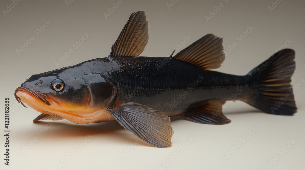 Fototapeta premium Close-up of a freshwater fish showcasing its detailed anatomy and vibrant colors on a neutral background