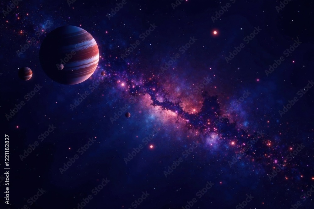 Naklejka premium Close-up of sparkling stars in the night sky with a few planets visible, galaxy, nebula, celestial