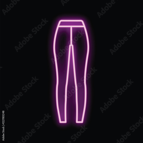 Glowing purple neon sign depicting a pair of women's leggings on a black background