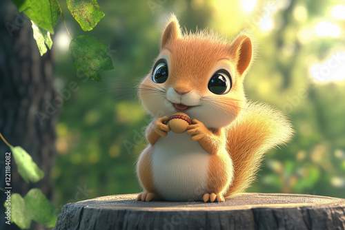 Cute 3D cartoon squirrel with an acorn sitting on a tree stump with forest background.