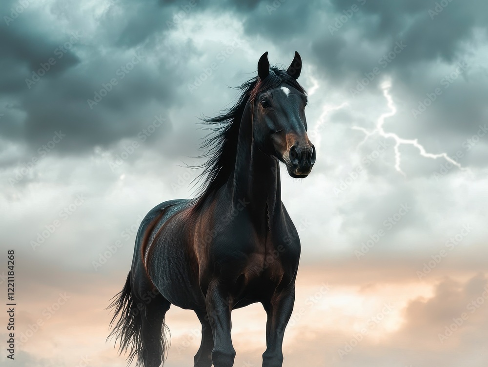 A majestic black horse stands against a dramatic sky filled with dark clouds and flashes of lightning. A majestic black horse stands against a dramatic sky filled with dark clouds and flashes of lightning.
