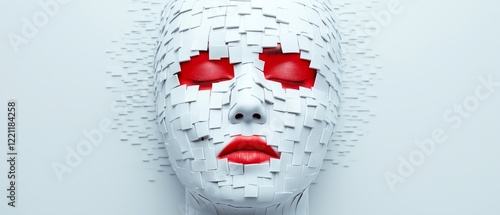 A futuristic representation of identity and technology, this artwork features a fragmented face with vivid red accents photo