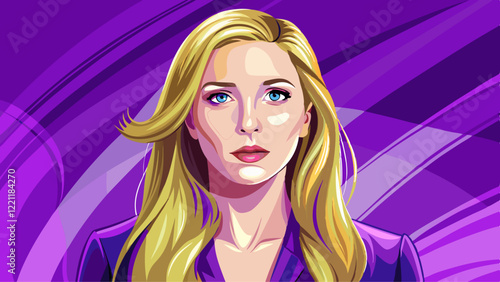 A young blond woman in violet clothing stands against a solid violet background. Studio. Isolated violet background.