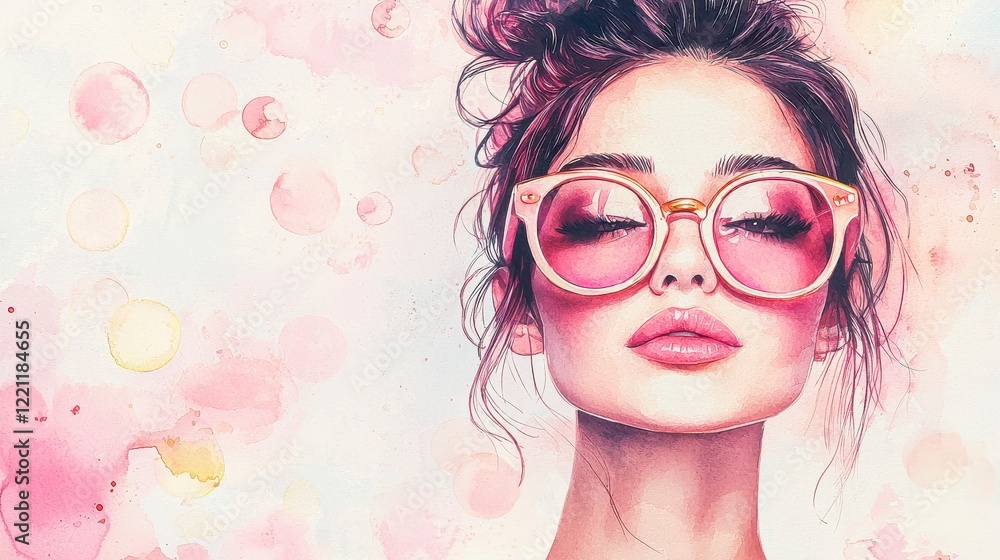 A stylish woman with a bun and oversized sunglasses poses against a soft, pastel background, exuding confidence and elegance.