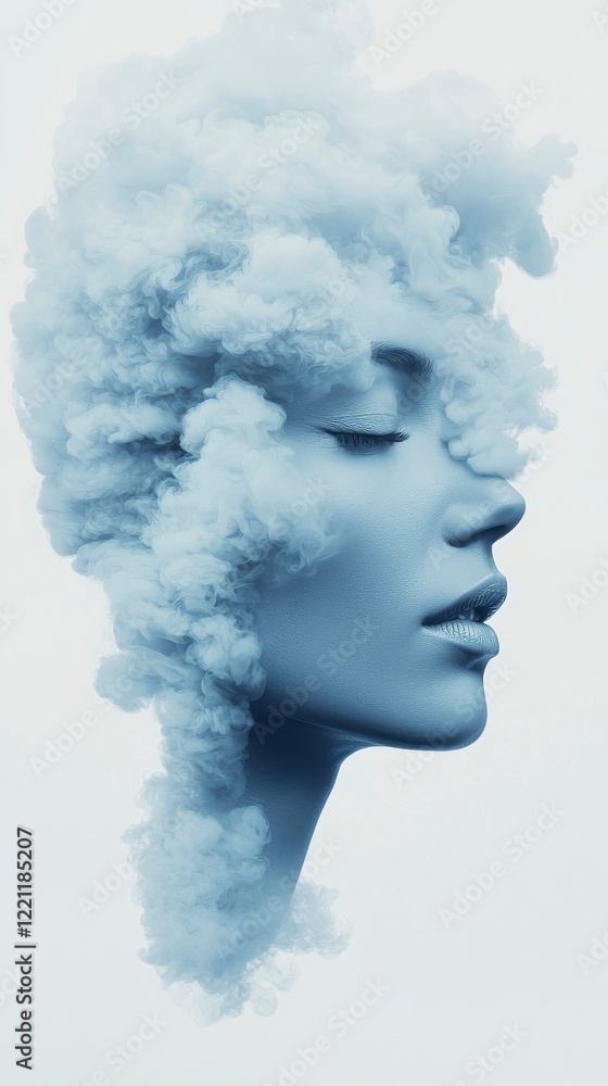 A serene portrait blending a woman's profile with soft, blue clouds, evoking a dreamlike and ethereal atmosphere. A serene portrait blending a woman's profile with soft, blue clouds, evoking a dreamlike and ethereal atmosphere.