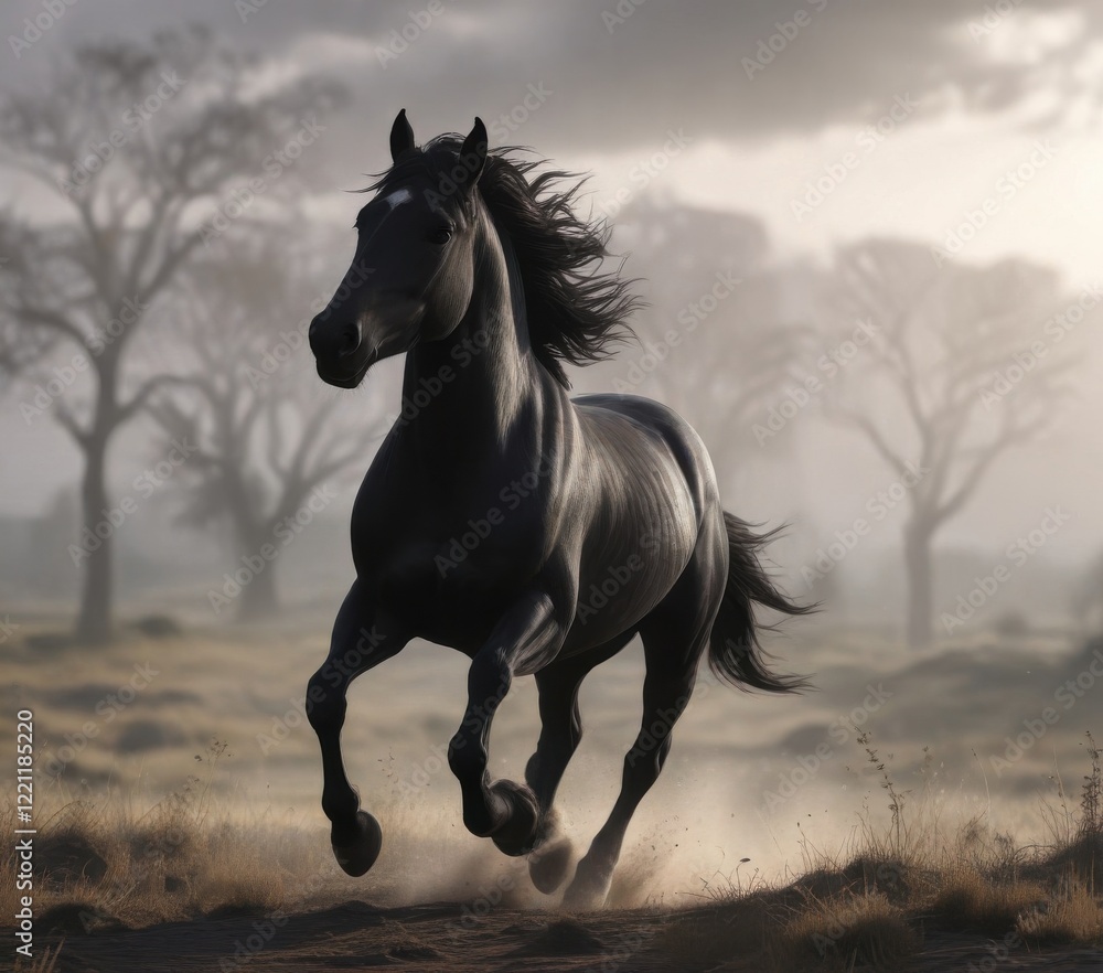Dark grey horse silhouette running freely in open landscape with blurred background, movement, landscape