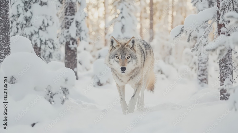 Naklejka premium Lone Wolf Walking in Snowy Dense Forest