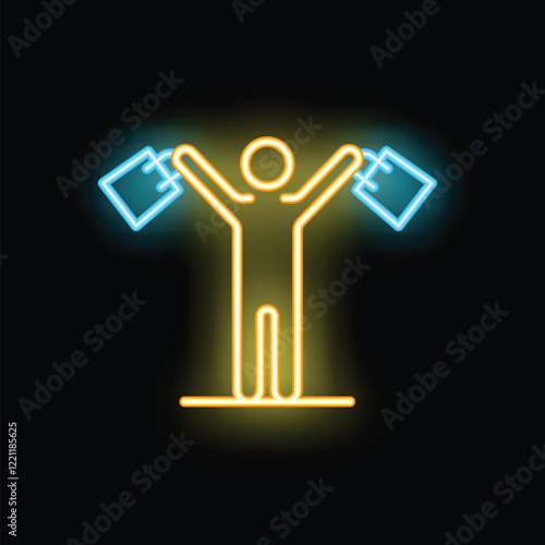 Happy shopper holding shopping bags neon sign on black background