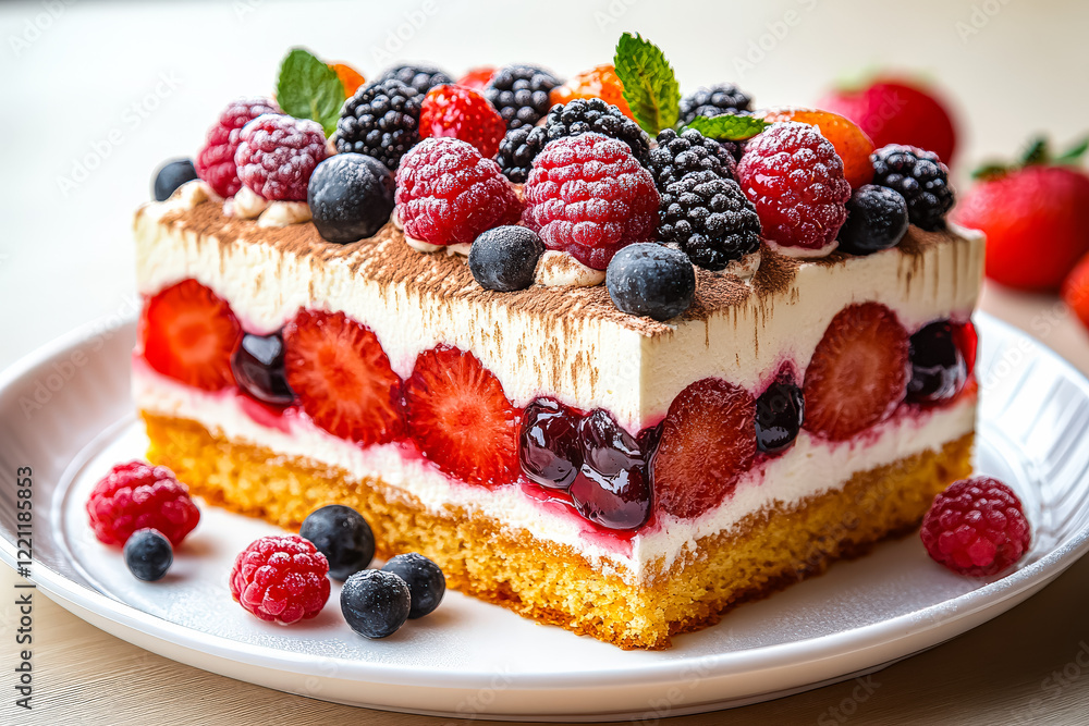 Slice of strawberry cheesecake with blueberries and raspberries on top. The dessert is served on a white plate Slice of strawberry cheesecake with blueberries and raspberries on top. The dessert is served on a white plate