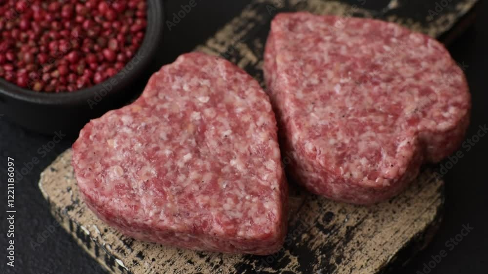 Raw beef or pork burger patty in the shape of a heart with salt, spices and herbs Raw beef or pork burger patty in the shape of a heart with salt, spices and herbs