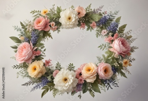 Delicate watercolor floral wreath surrounding a large floral bouquet, flower arrangement, nature, garden