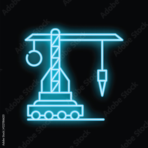 Neon blue icon of a tower crane operating at night on a construction site