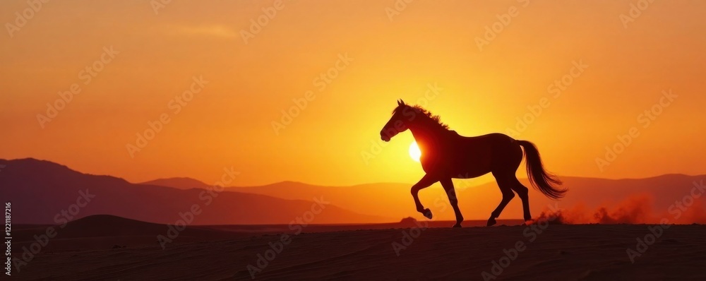 Silhouette of a horse in motion over a desert landscape at dawn, desert, movement Silhouette of a horse in motion over a desert landscape at dawn, desert, movement