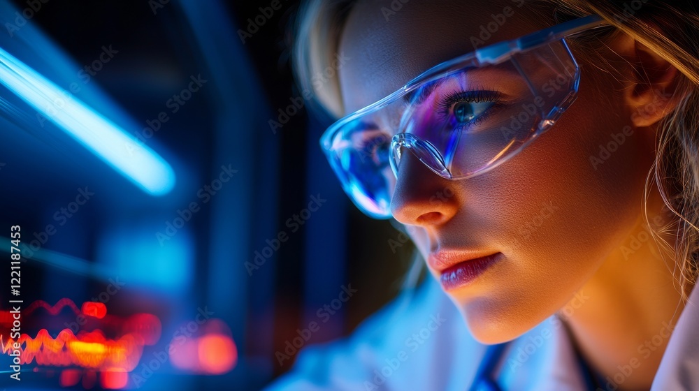 Close up portrait of a female scientist wearing safety glasses, illuminated by blue and red lighting, intensely focused on her work in a laboratory setting. Close up portrait of a female scientist wearing safety glasses, illuminated by blue and red lighting, intensely focused on her work in a laboratory setting.