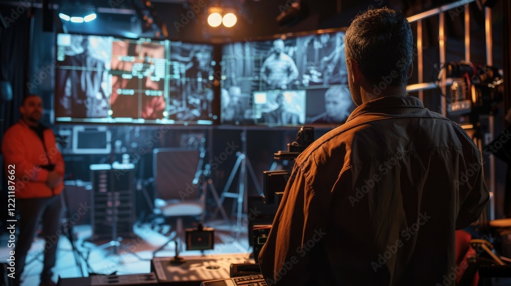 A theater director planning a scene with an AI assistant as a digital storyboard providing adjustments and effects. Film equipment in background. AIG60 A theater director planning a scene with an AI assistant as a digital storyboard providing adjustments and effects. Film equipment in background. AIG60