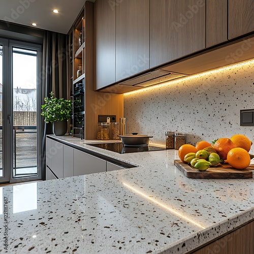 there is a bowl of fruit on a counter in a kitchen photo