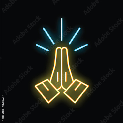 Neon icon of two hands joined in prayer with emanating light rays, symbolizing hope, faith, and spirituality on a dark background