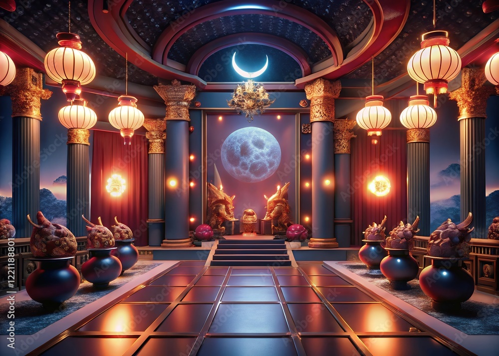 Obraz premium interior of the church of the holy sepulchre with Chinese pattern, gold hanging lantern. Modern luxury oriental illustration for cover, banner, website, envelope.