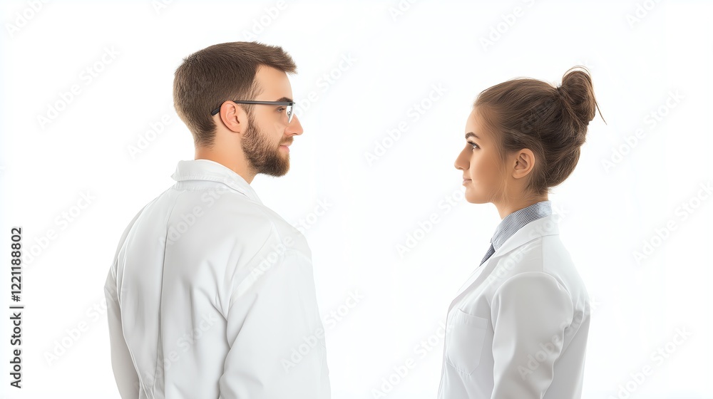 A male and female scientist in lab coats stand facing each other with a neutral expression. This image represents collaboration and communication in a scientific environment. A male and female scientist in lab coats stand facing each other with a neutral expression. This image represents collaboration and communication in a scientific environment.