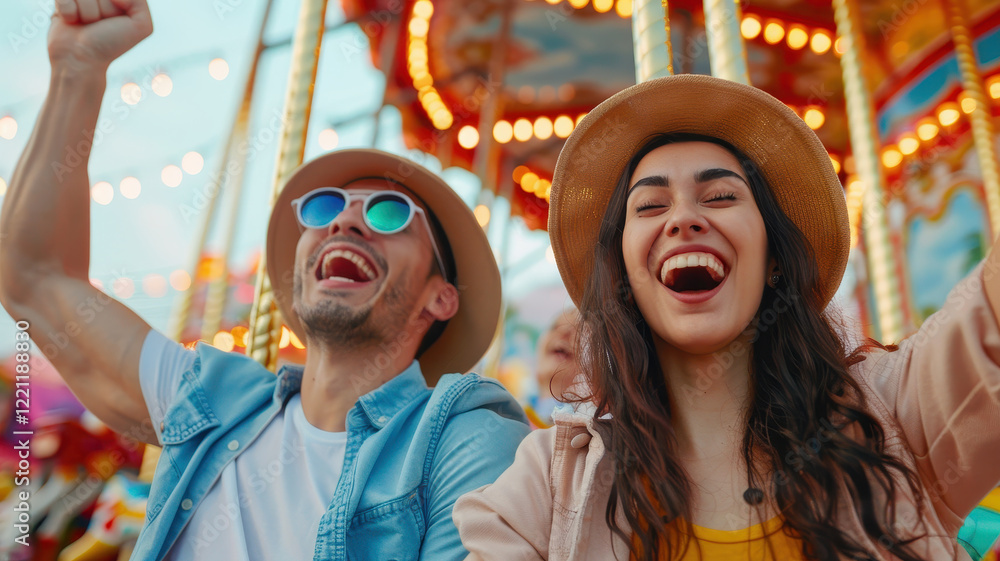 Obraz premium joyful couple enjoying vibrant day at amusement park, cheering and smiling on merry go round ride surrounded by colorful lights and lively atmosphere