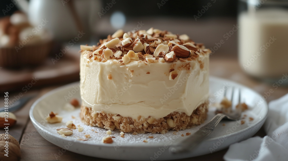 Small cheesecake with almond slivers topping sitting on a white plate on a wooden table, with a fork, ready to be eaten Small cheesecake with almond slivers topping sitting on a white plate on a wooden table, with a fork, ready to be eaten