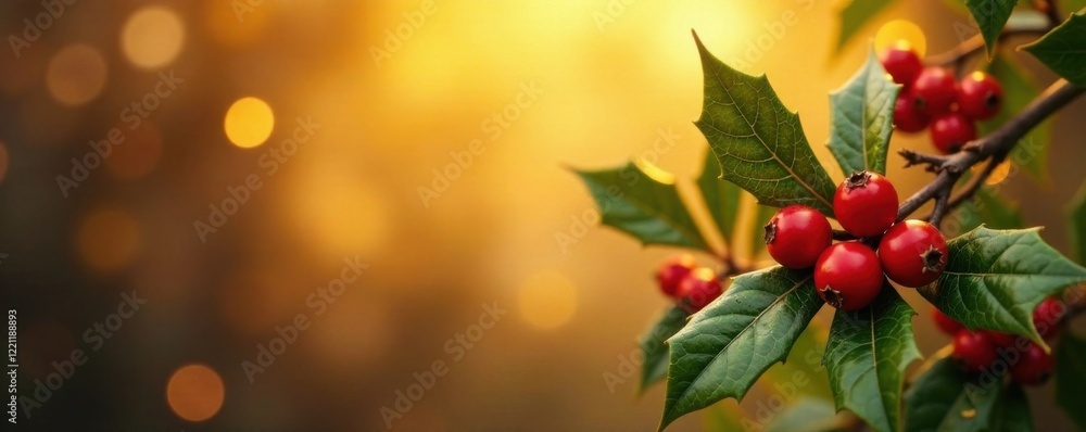 Fototapeta premium festive holly berries against a warm golden background, holly, dark, flowers