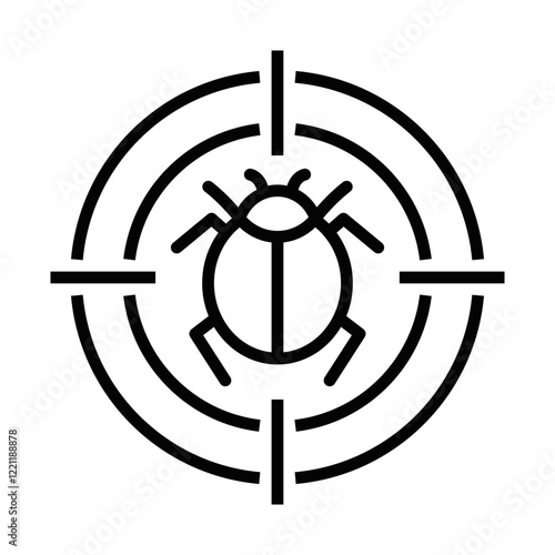 Bug icon within a circular target symbol. Editable stroke.