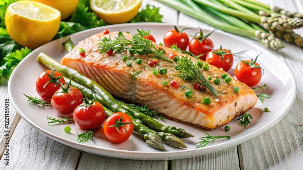 Fresh baked salmon fillet garnished with asparagus and cherry tomatoes, sprinkled with chopped fresh herbs like parsley and dill on a white plate , tomatoes, herbs Fresh baked salmon fillet garnished with asparagus and cherry tomatoes, sprinkled with chopped fresh herbs like parsley and dill on a white plate , tomatoes, herbs