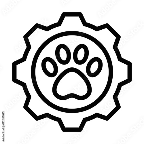 Gear with paw icon symbolizing pet services. Editable stroke.