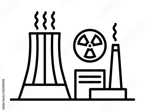 Nuclear power plant icon with cooling towers. Editable stroke.