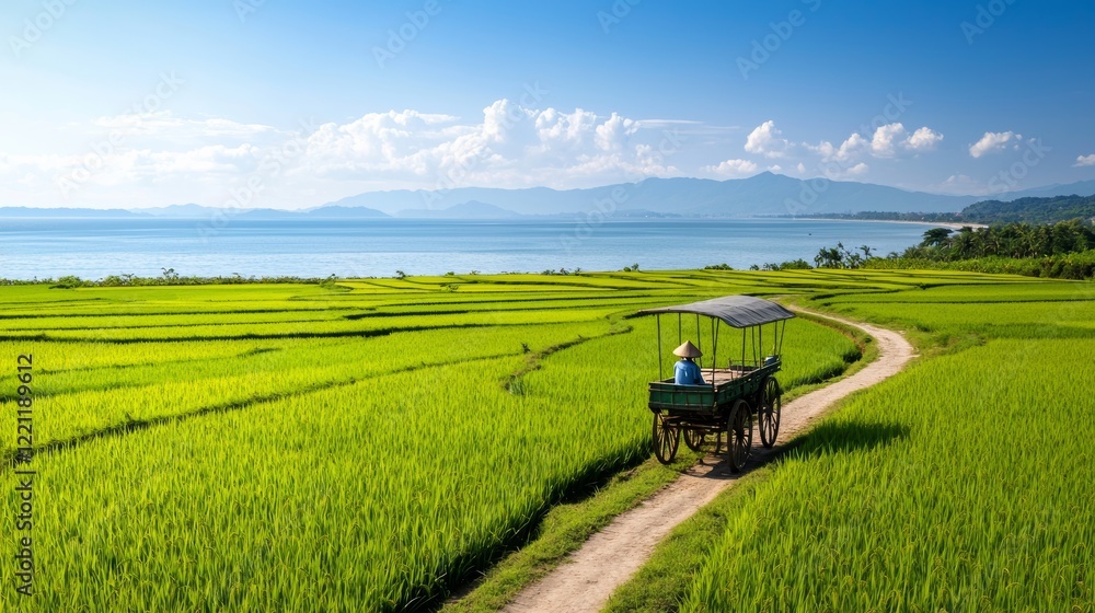 Two people ride a horse drawn cart along a dirt path through vibrant green rice paddies, overlooking a calm lake and distant mountains under a bright blue sky. Two people ride a horse drawn cart along a dirt path through vibrant green rice paddies, overlooking a calm lake and distant mountains under a bright blue sky.