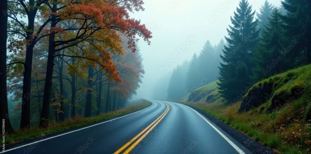 Fototapeta premium Foggy mountain road winding through trees, rugged, trees